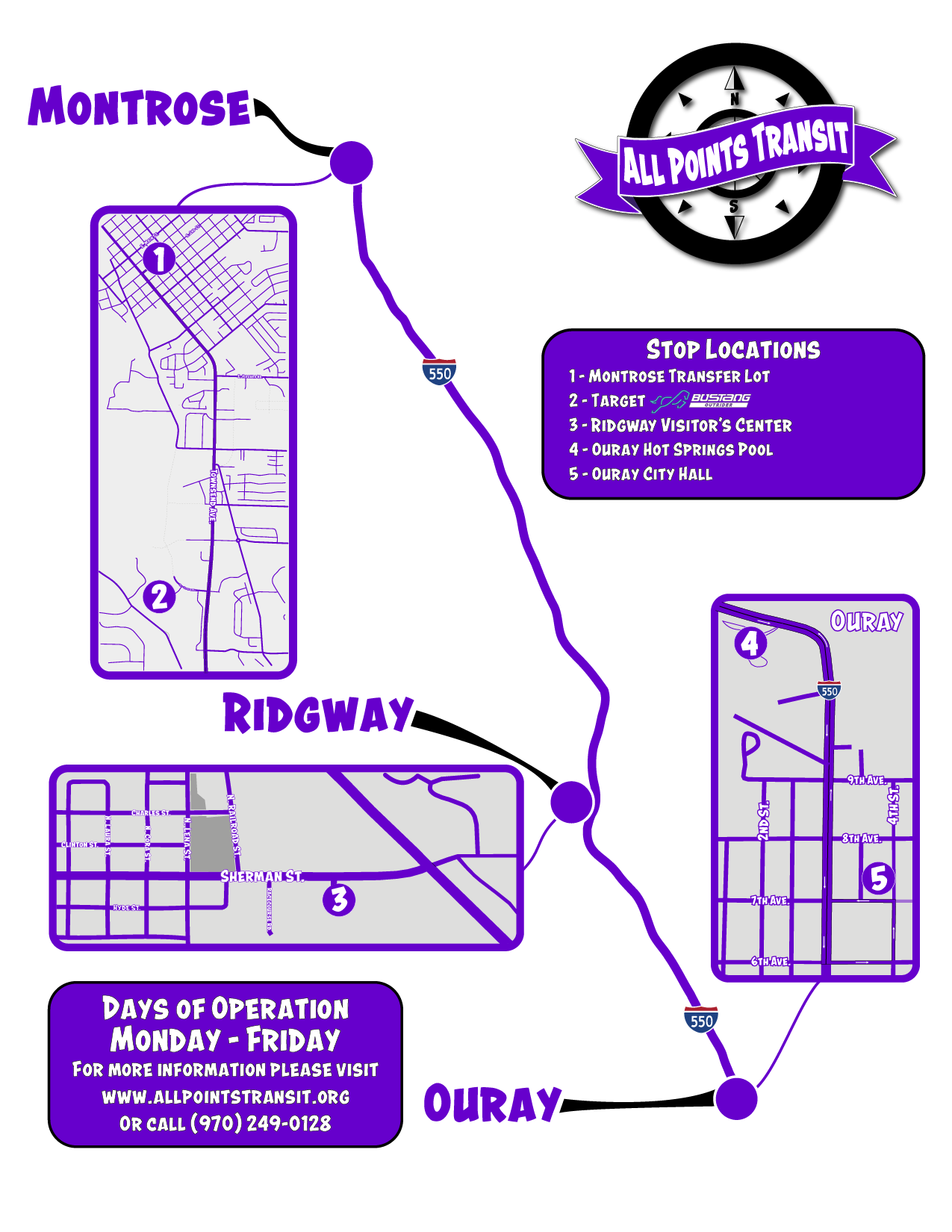 Map of the OurWay route showing stops at the Montrose Transfer Lot, Target, Ridgway Visitor's Center, Ouray Hot Springs Pool, and Ouray City Hall along US-550