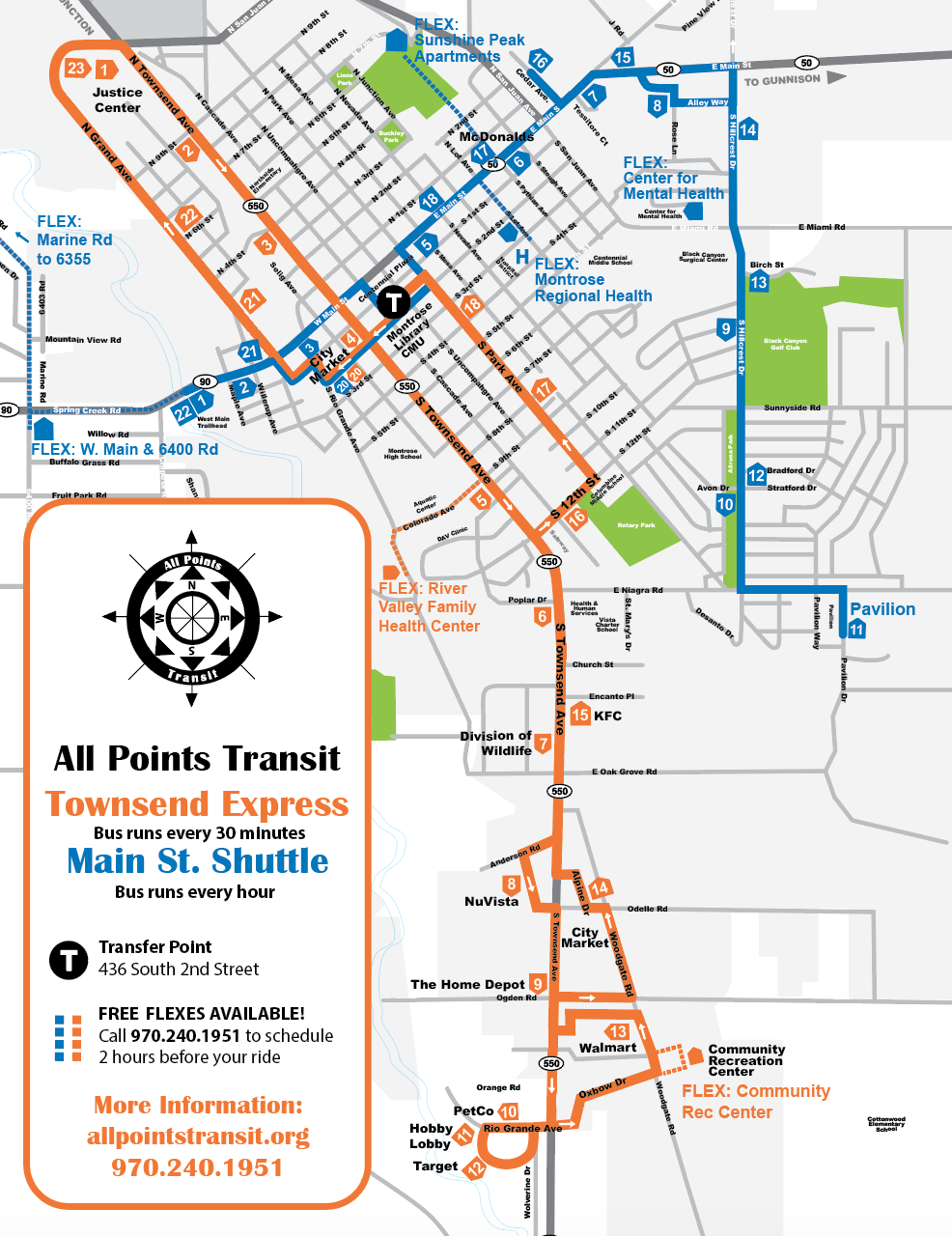 all points transit main street and townsend express public bus route map and schedule