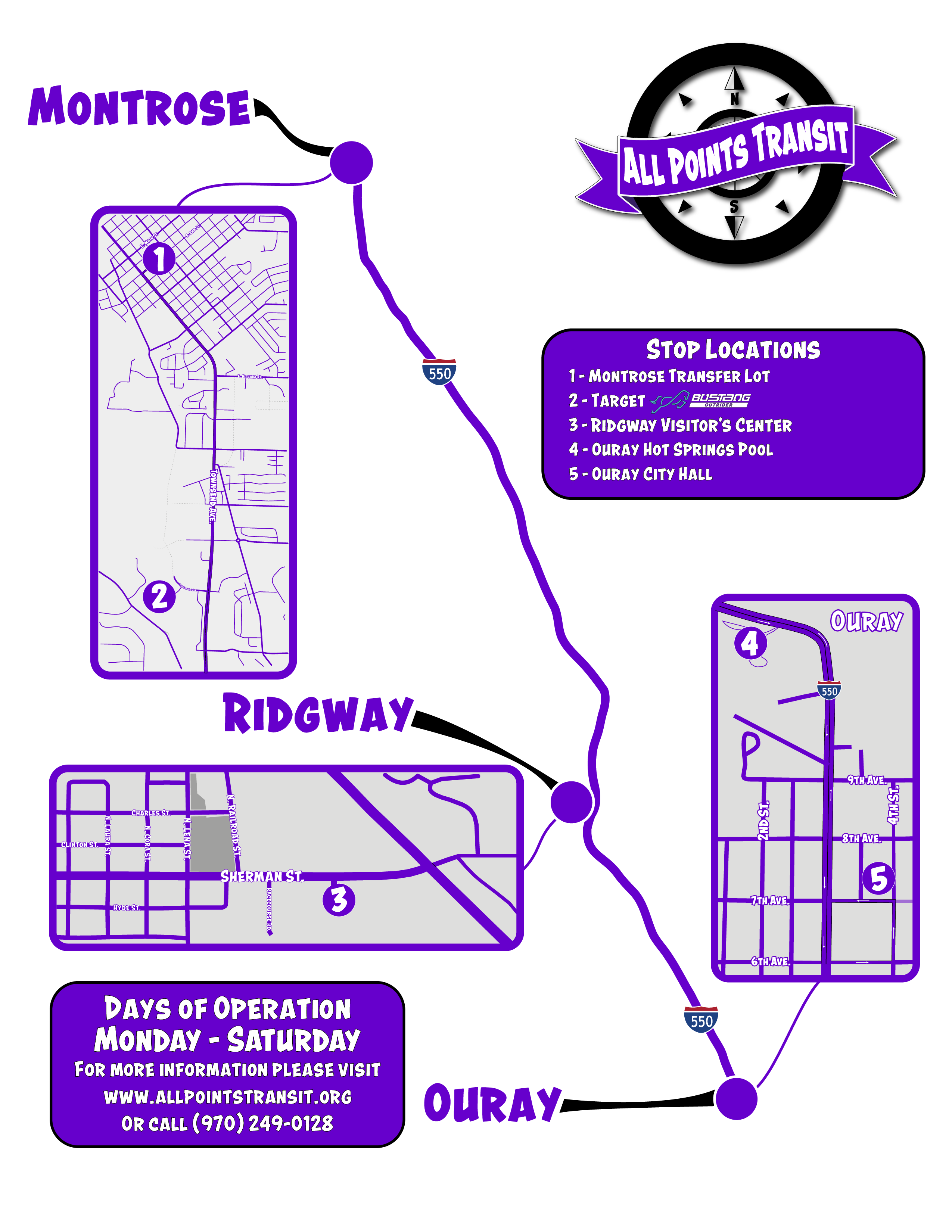 Map of the OurWay route showing stops at the Montrose Transfer Lot, Target, Ridgway Visitor's Center, Ouray Hot Springs Pool, and Ouray City Hall along US-550